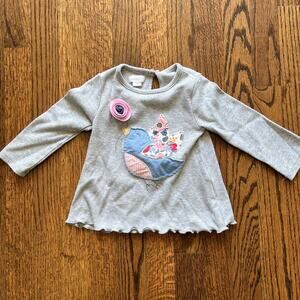 Mudpie Girl's Bird Applique & Flower Gray Long Sleeve Shirt - 24 months / 2T